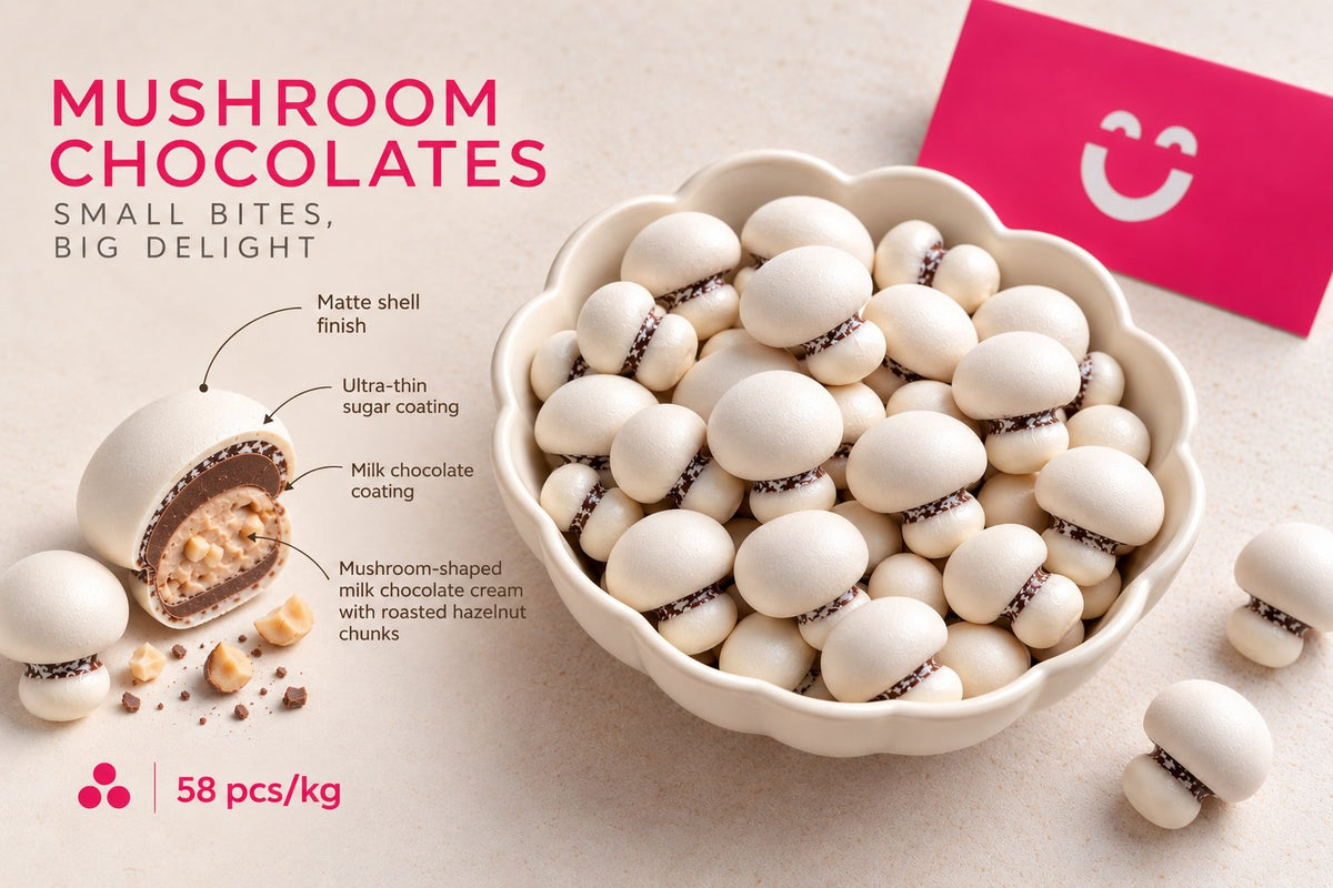 Mushroom chocolates with a hazelnut centre, white